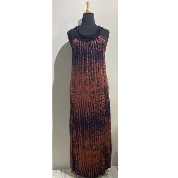 Rachel Roy Maxi Dress Size M | Burnt Orange & Black | Crocheted Collar | Pockets - Picture 2 of 11